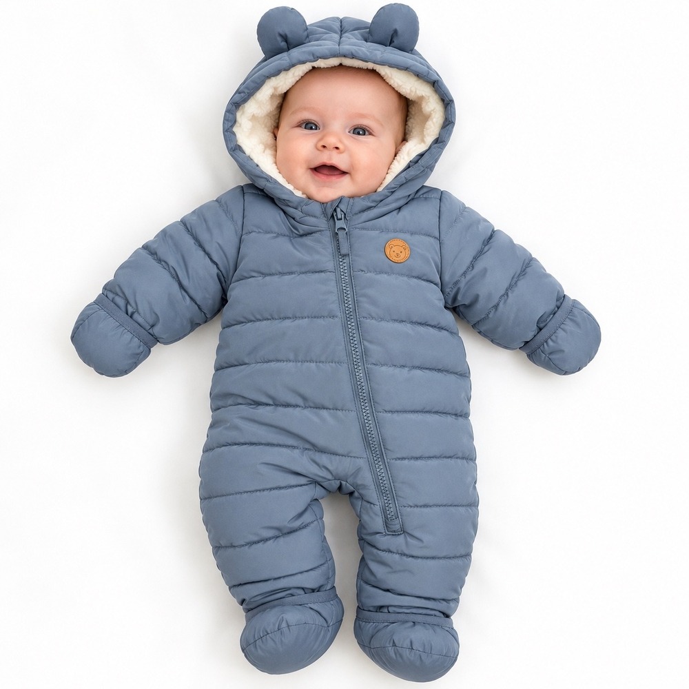 HM Baby Puffer Pram Suit Hooded Bear Ears Blue 2-4M